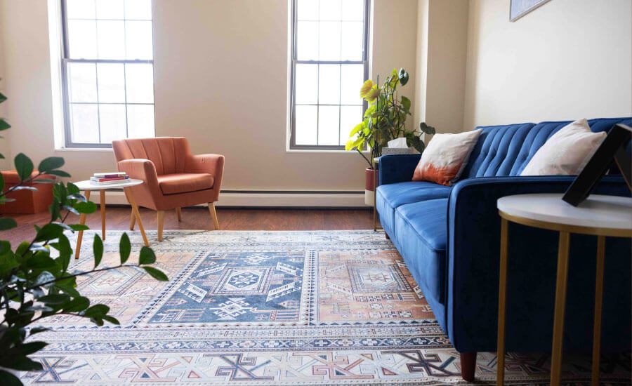 Resilient Self Therapy - A living room with a blue couch, a rug and a red chair in Kingston, New York