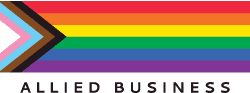 The logo for allied business is a rainbow flag with a transgender arrow