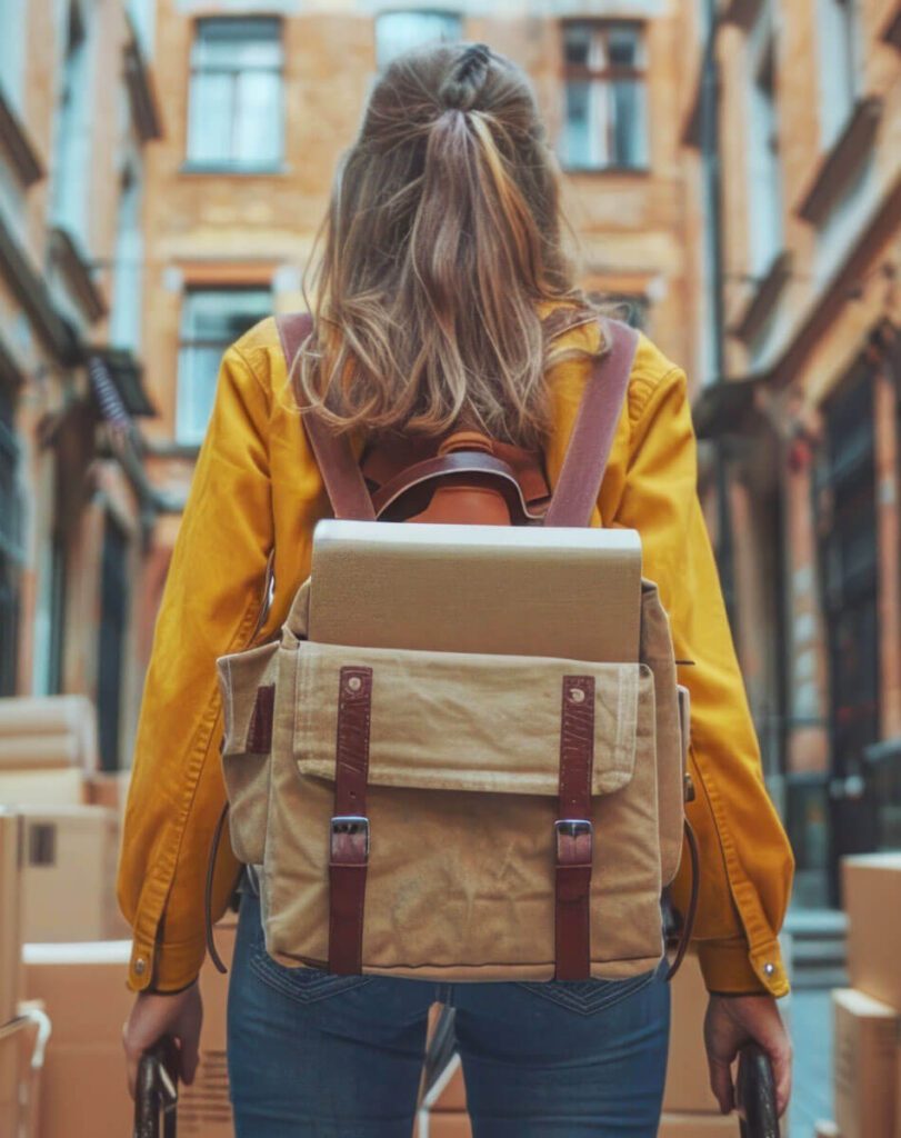 A blond woman in a yellow jacket is carrying a backpack and a laptop