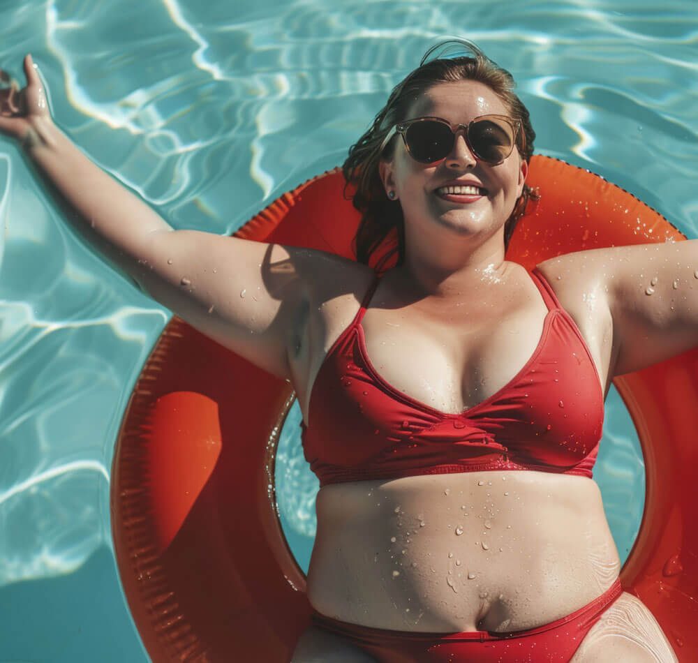 A woman in a red bikini is floating on an orange raft in a pool